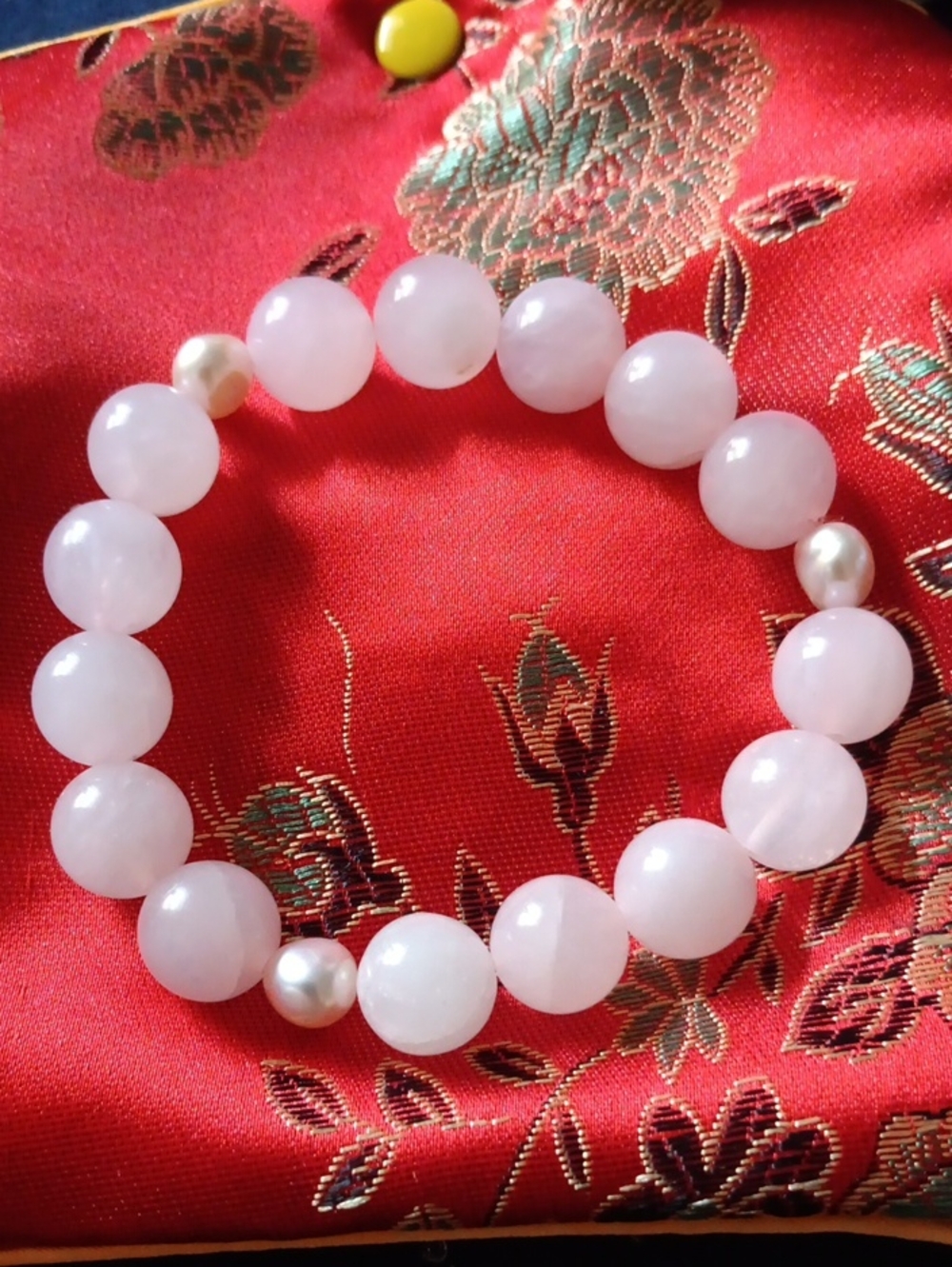 Pink Rose Quartz Stretch Bracelet with Pearl Accents 7 Inch